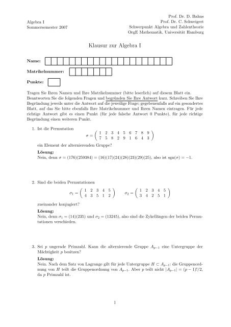 Klausur zur Algebra I - Universität Hamburg