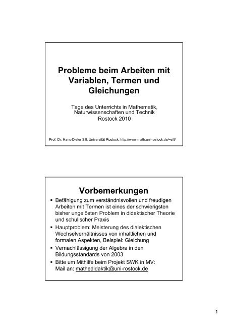 Arbeiten mit Variablen, Termen und Gleichungen - Fachbereich ...