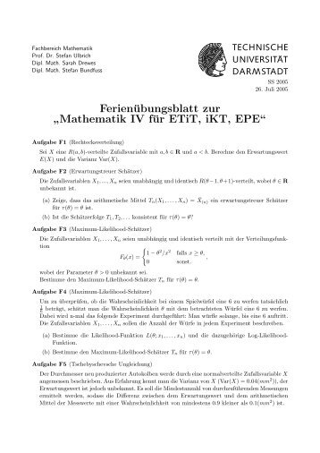 Ferienübungsblatt zur ” Mathematik IV für ETiT, iKT, EPE“