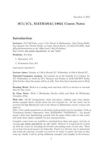 Lecture notes for 0C1/1C1, MATH19821/19541 - School of ...