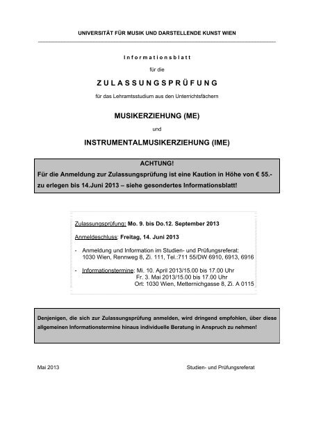 Informationen zur Zulassungsprüfung - Universität für Musik und ...