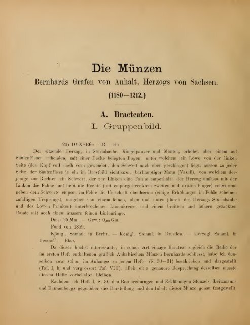 Die Münzen Bernhards Grafen von Anhalt, Herzogs von Sachsen. 2 ...