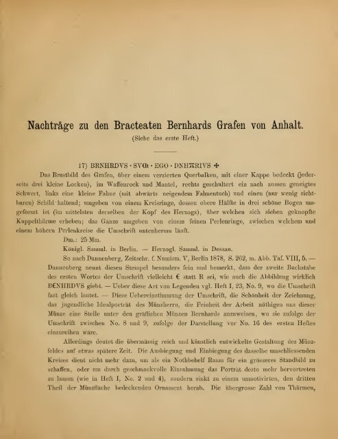 Die Münzen Bernhards Grafen von Anhalt, Herzogs von Sachsen. 2 ...