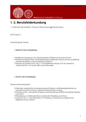 Medizinische Fakultät Heidelberg: 1. 2. Berufsfelderkundung