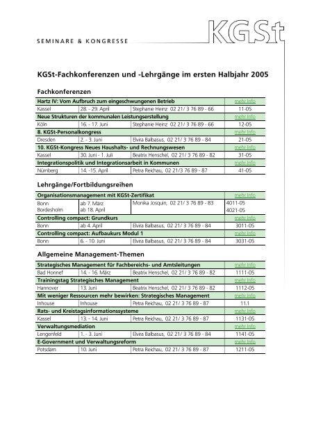 Ãœbersicht Ã¼ber die KGSt-Seminare im 1. Halbjahr 2005