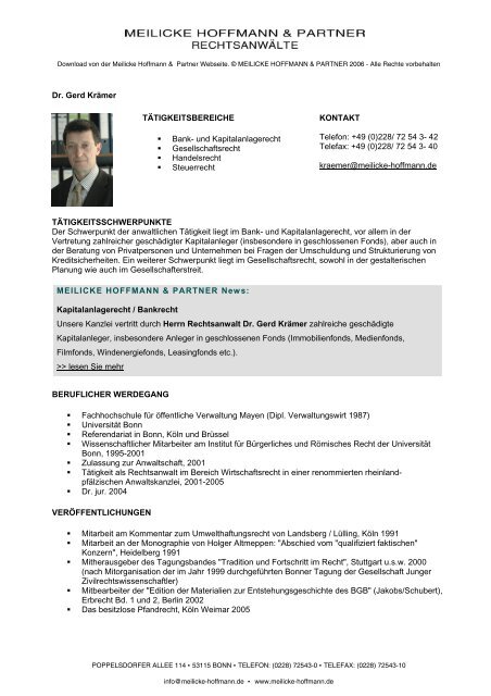 Dr. Gerd Krämer TÄTIGKEITSBEREICHE Bank - Meilicke Hoffmann ...