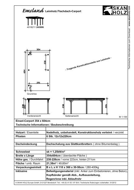 Technische Daten Skan Holz Emsland- Flachdach Carport aus