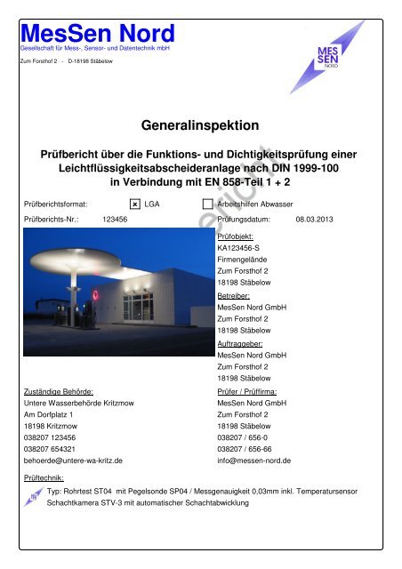 Abscheider-Generalinspektionsbericht DIN 1999-100 (LGA-Format)