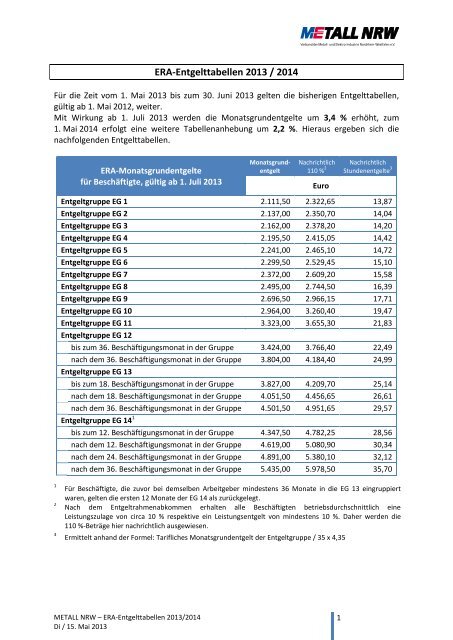 ERA-Entgelttabellen 2013 / 2014 - METALL NRW