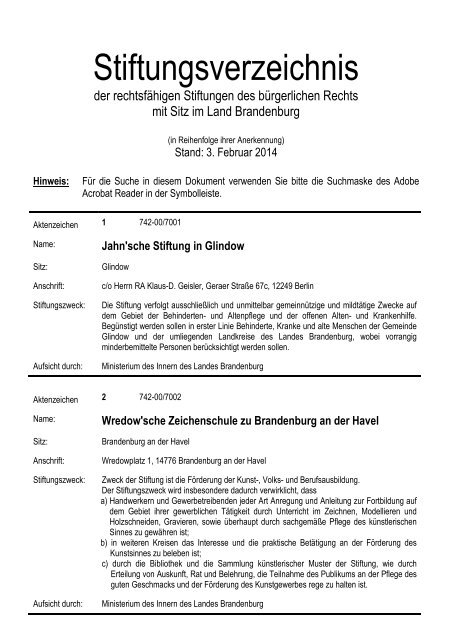 STIFTUNGSVERZEICHNIS gemäß § 14 StiftGBbg - Ministerium des ...