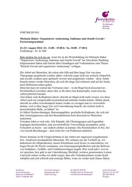 Fortbildung Michaela Huber Organisierte Ausbeutung