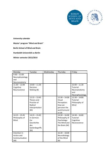 University calendar Master' program - Berlin School of Mind and Brain