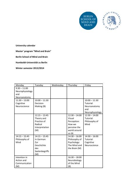 University calendar Master' program - Berlin School of Mind and Brain