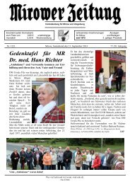 Gedenktafel für MR Dr. med. Hans Richter - Mirower Zeitung