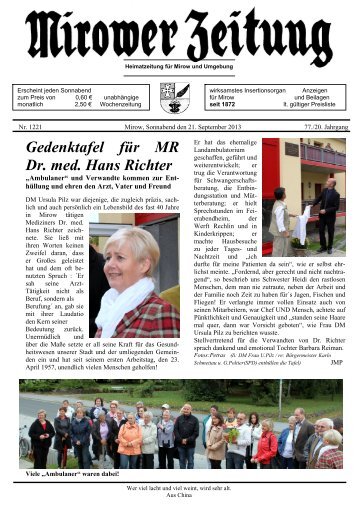 Gedenktafel für MR Dr. med. Hans Richter - Mirower Zeitung