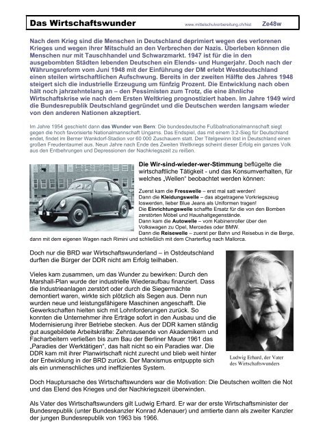 Das Wirtschaftswunder Mittelschulvorbereitung Deutsch