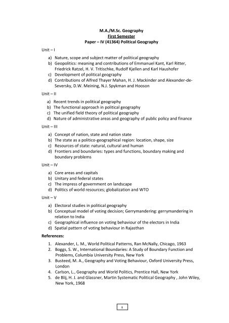 M.A./M.Sc. Geography First Semester Paper – IV (41364) Political ...