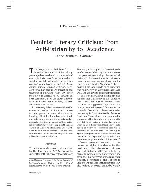 Feminist Literary Criticism: From Anti-Patriarchy to Decadence