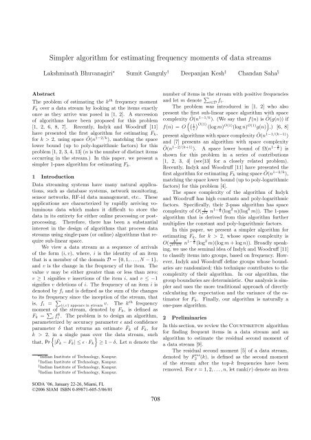 Simpler algorithm for estimating frequency moments of data streams