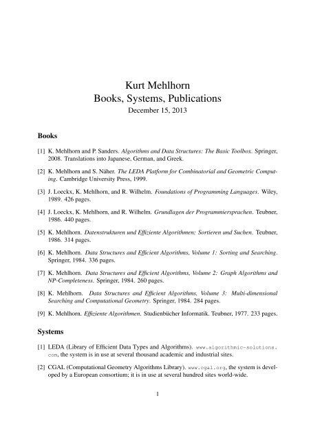 Kurt Mehlhorn Books, Systems, Publications - Max-Planck-Institut für ...