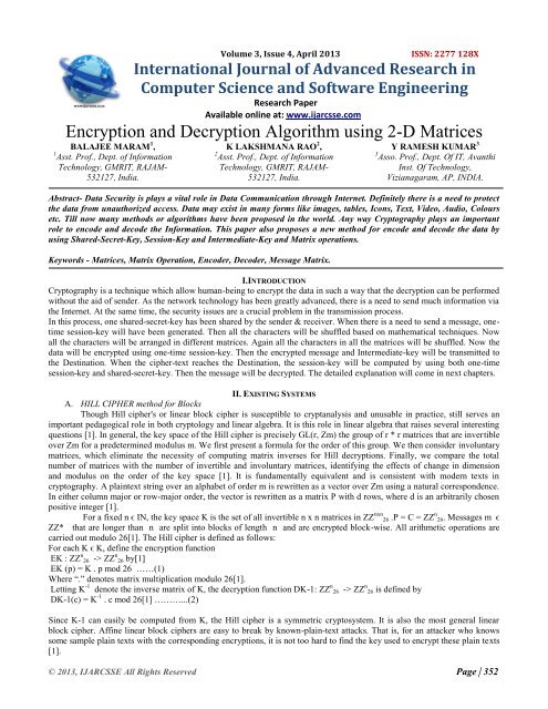 Encryption and Decryption Algorithm using 2-D Matrices - IJARCSSE