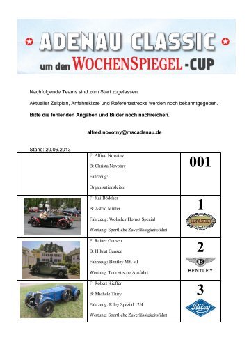 Nachfolgende Teams sind zum Start zugelassen. Aktueller Zeitplan ...