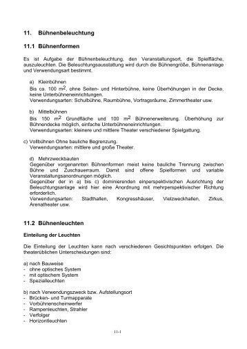 11. Bühnenbeleuchtung 11.1 Bühnenformen 11.2 Bühnenleuchten