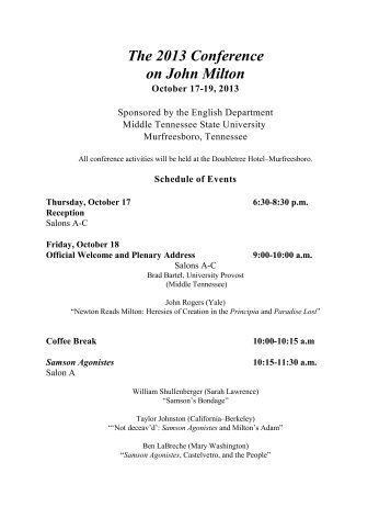 The 2013 Conference on John Milton - Middle Tennessee State ...
