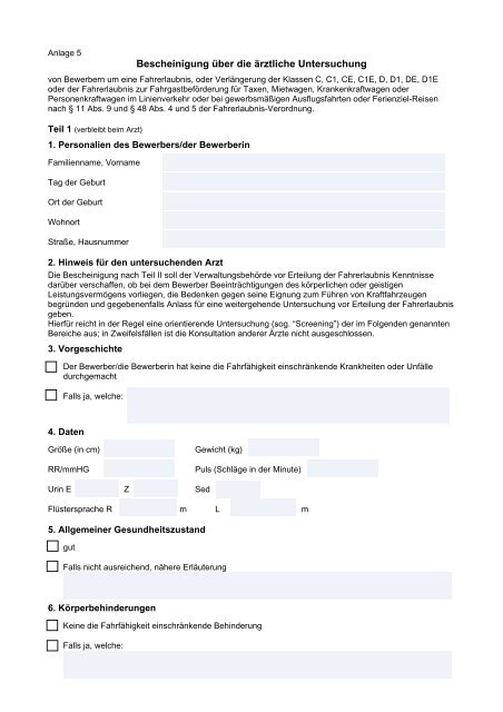 Anlage 5 Fev Vordruck Pdf Bescheinigung über die ärztliche Untersuchung