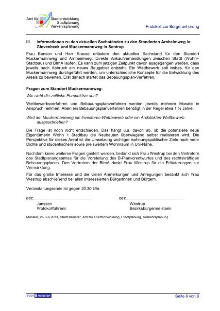 Protokoll zur Bürgeranhörung zum Bebauungsplan ... - Stadt Münster