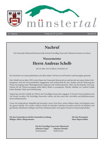 Nachruf Herrn Andreas Schelb - Münstertal