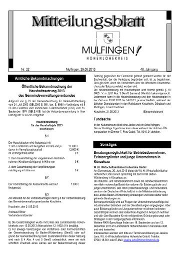 Mitteilungsblatt Nr. 22, v. 29.05.2013 - Gemeinde Mulfingen