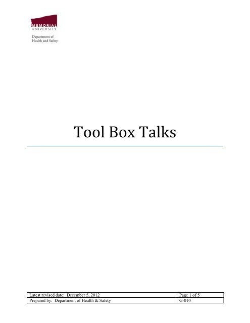 G-010 - tool box talks - Memorial University of Newfoundland