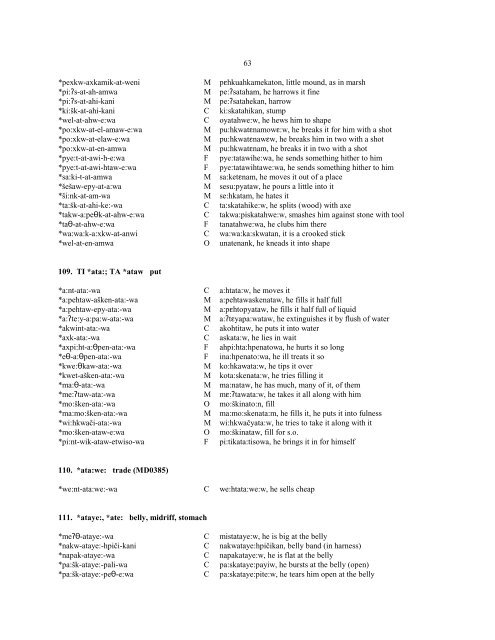 1. *a: abstract AI and II final *alam-a:-wa O anima:, pray *či:pw-a:-wi ...