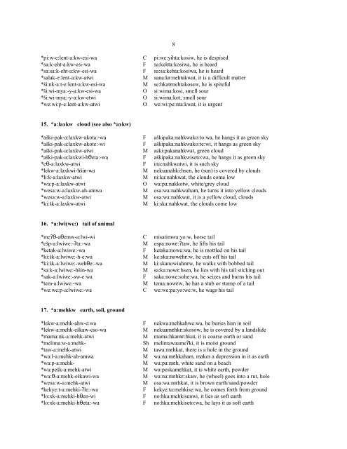 1. *a: abstract AI and II final *alam-a:-wa O anima:, pray *či:pw-a:-wi ...