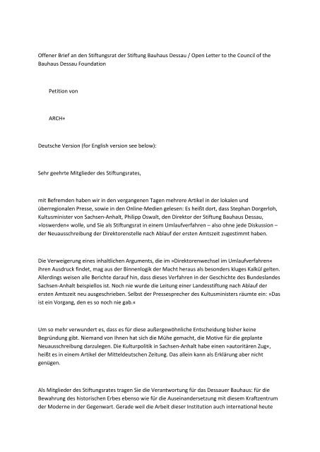 Offener Brief an den Stiftungsrat der Stiftung Bauhaus Dessau ...