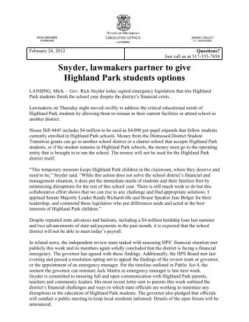Snyder, lawmakers partner to give Highland Park ... - State of Michigan