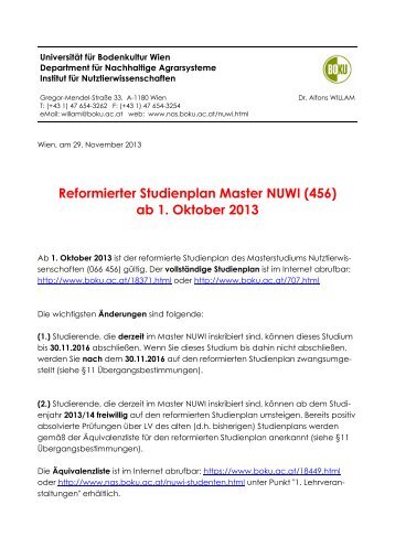 Reformierter Studienplan Master NUWI (456) ab 1. Oktober ... - Boku