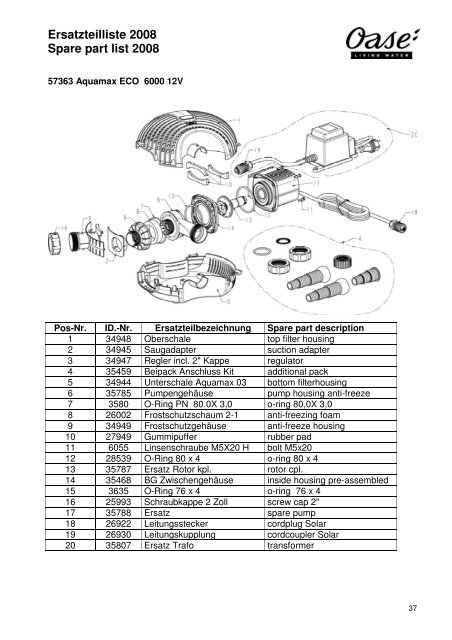 OASE Ersatz-Katalog 2008E - Der Gartenteich