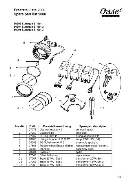 OASE Ersatz-Katalog 2008E - Der Gartenteich