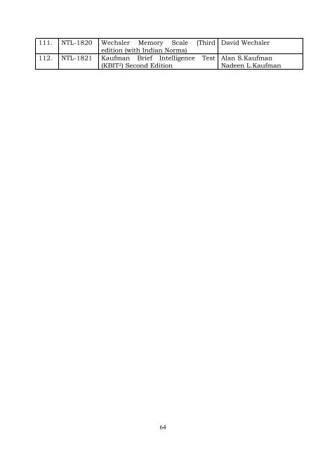 Catalogue of Psychological Test Library and Data dase of trainees