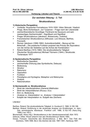 Zur sechsten Sitzung – 2. Teil Strukturalismus - Prof. Dr. Oliver Jahraus