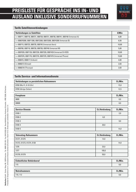 Preisliste für GesPräche iNs iN- uNd AuslANd ... - NetAachen