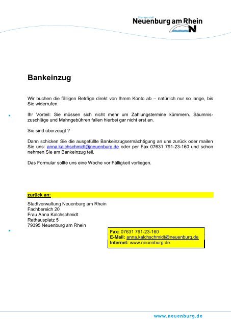 Anmeldung zum Bankeinzug - Stadt Neuenburg am Rhein