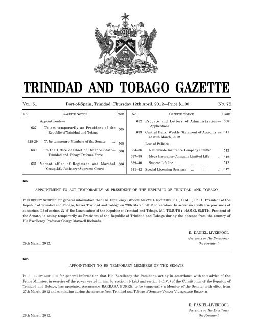 Gazette No. 75 of 2012.pdf - Trinidad and Tobago Government News