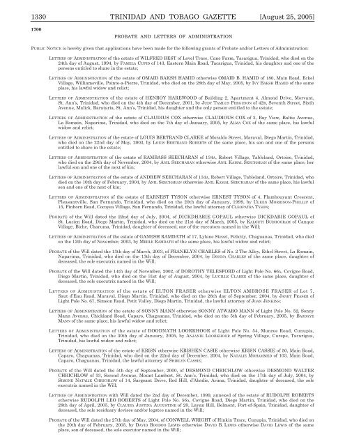 Gazette No. 149 of 2005.pdf - Trinidad and Tobago Government News