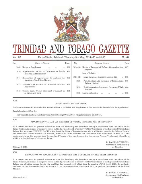 Gazette No. 64 of 2013.pdf - Trinidad and Tobago Government News