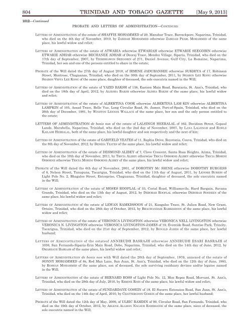 Gazette No. 64 of 2013.pdf - Trinidad and Tobago Government News