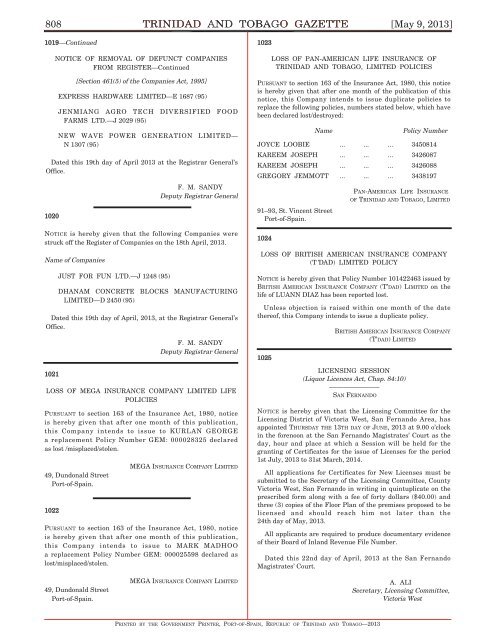 Gazette No. 64 of 2013.pdf - Trinidad and Tobago Government News