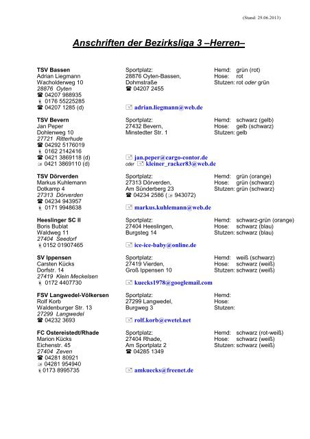 Anschriften der Landesliga - NFV Bezirk Lüneburg